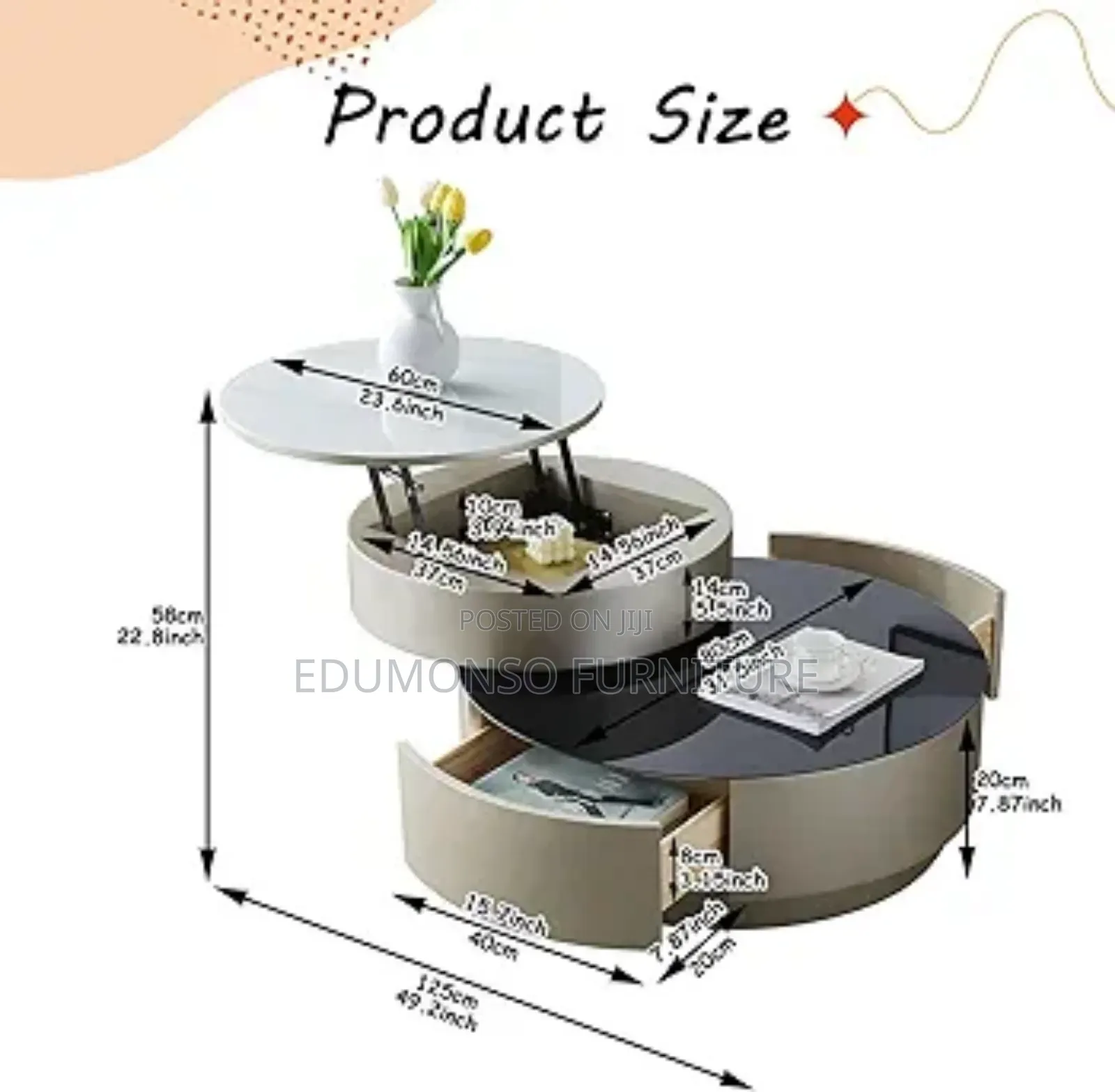 Round Coffee Table, Height Adjustable With Hidden Storage,
