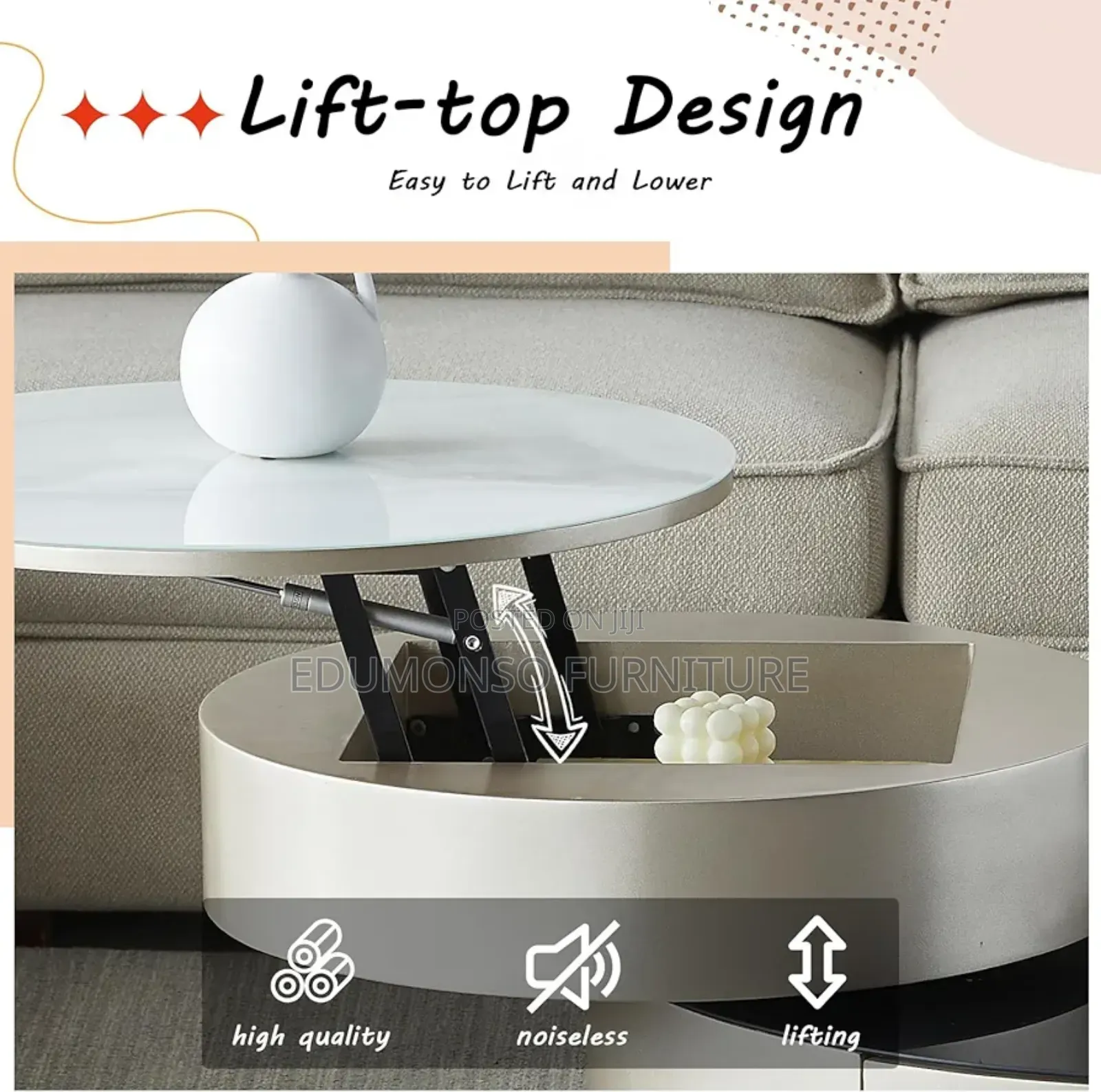 Round Coffee Table, Height Adjustable With Hidden Storage,
