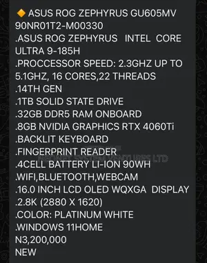 New Laptop Asus ROG Zephyrus G16 32GB Intel Core Ultra 9 SSD 1T