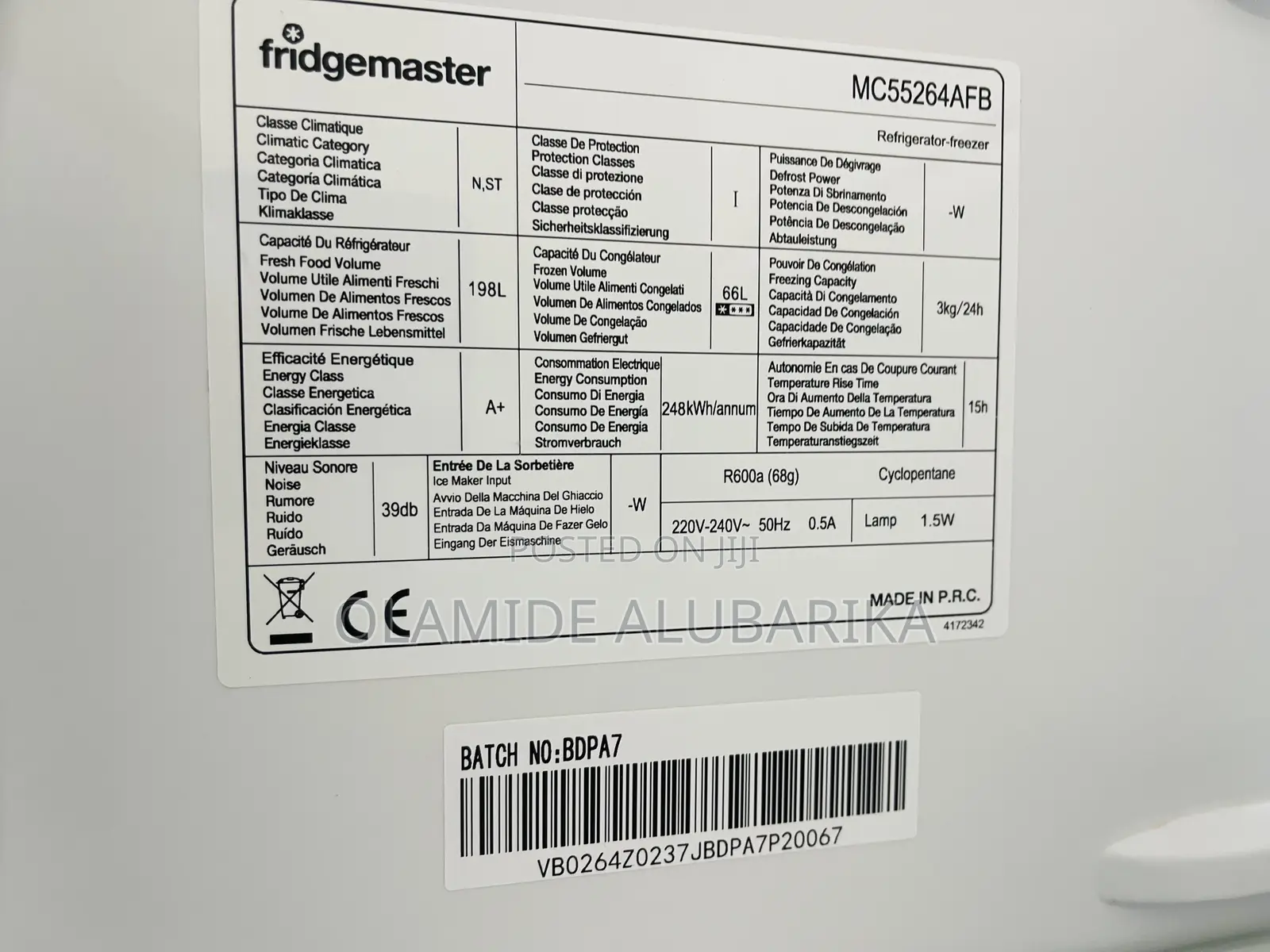 Fridgemaster 265litters 55cm/180cm Black70/30 Fridge Freezer