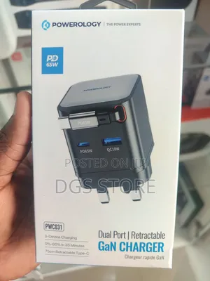 Powerology Pwc031 Dual Port Retractable 65w Gan Charger