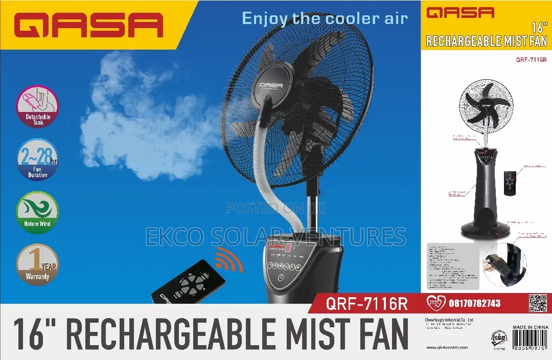 Qasa 16’Inches Rechargeable Mist Fan