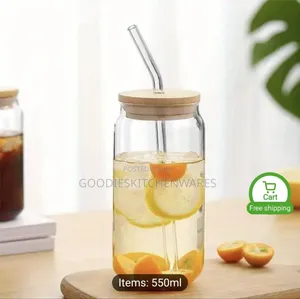 Glass Cup With Bamboo Cover and With Straw