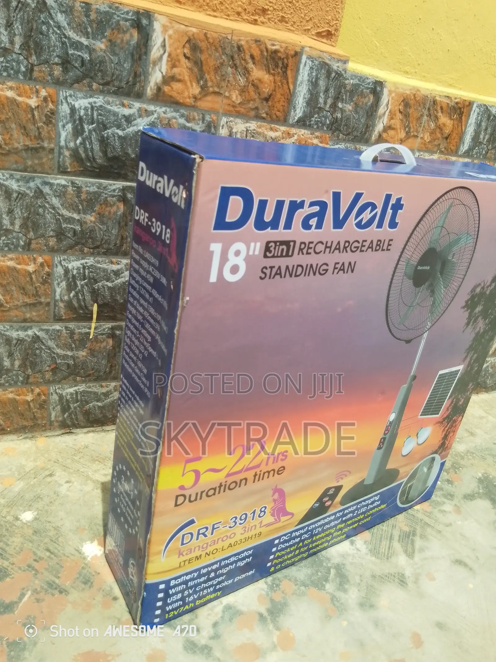 Original 18" Duravolt 3in1 Standing Fan With" Solar Panel "