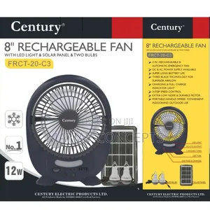 8" Century 3-in-1 Solar Rechargeable Table Fan+Panel+2-Bulbs