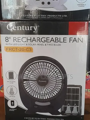 8" Century 3-in-1 Solar Rechargeable Table Fan+Panel+2-Bulbs