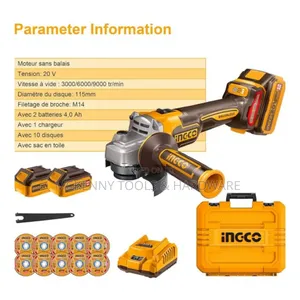 Ingco Cordless Angle Grinder Brushless 20v 115mm X Batteries