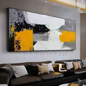 Yellow/Black and White Abstract Painting on Canvas Print