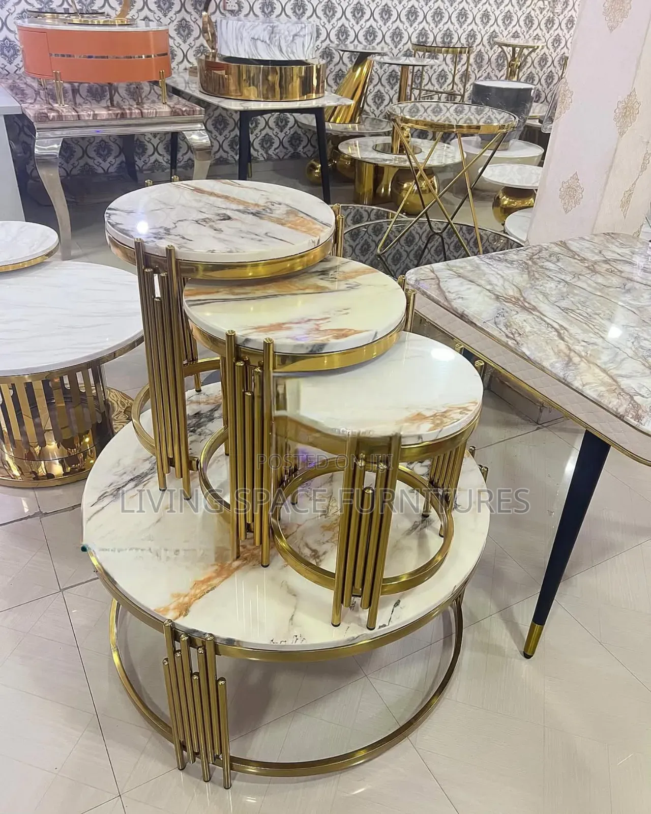 Marble Top Center Table With 3 Side Stools Full Set