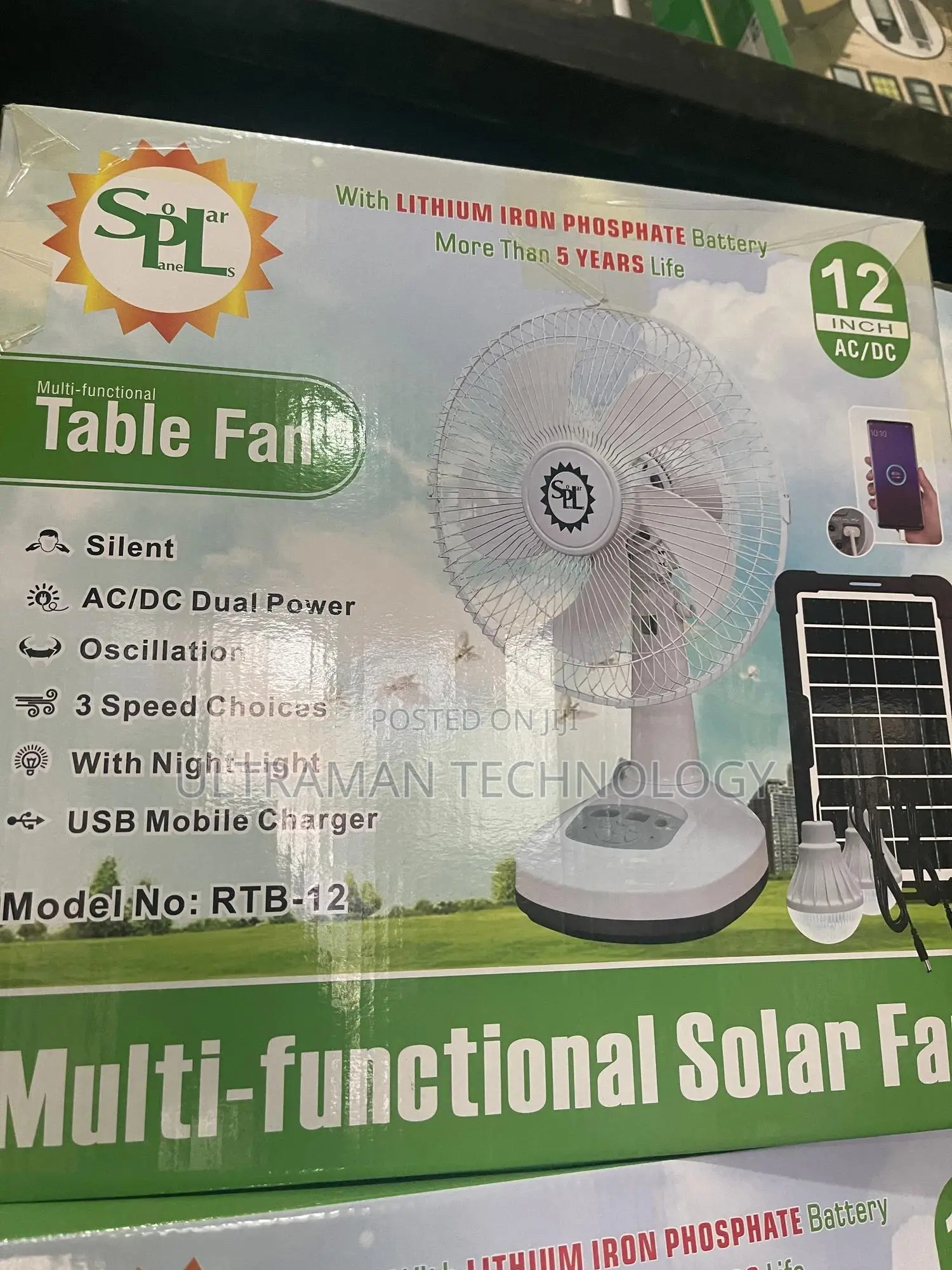 Solar Rechargeable 12inches Table Fan + (Longlasting)