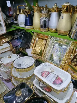 3 Set Golden Trays in Shelve and Golden Jugs
