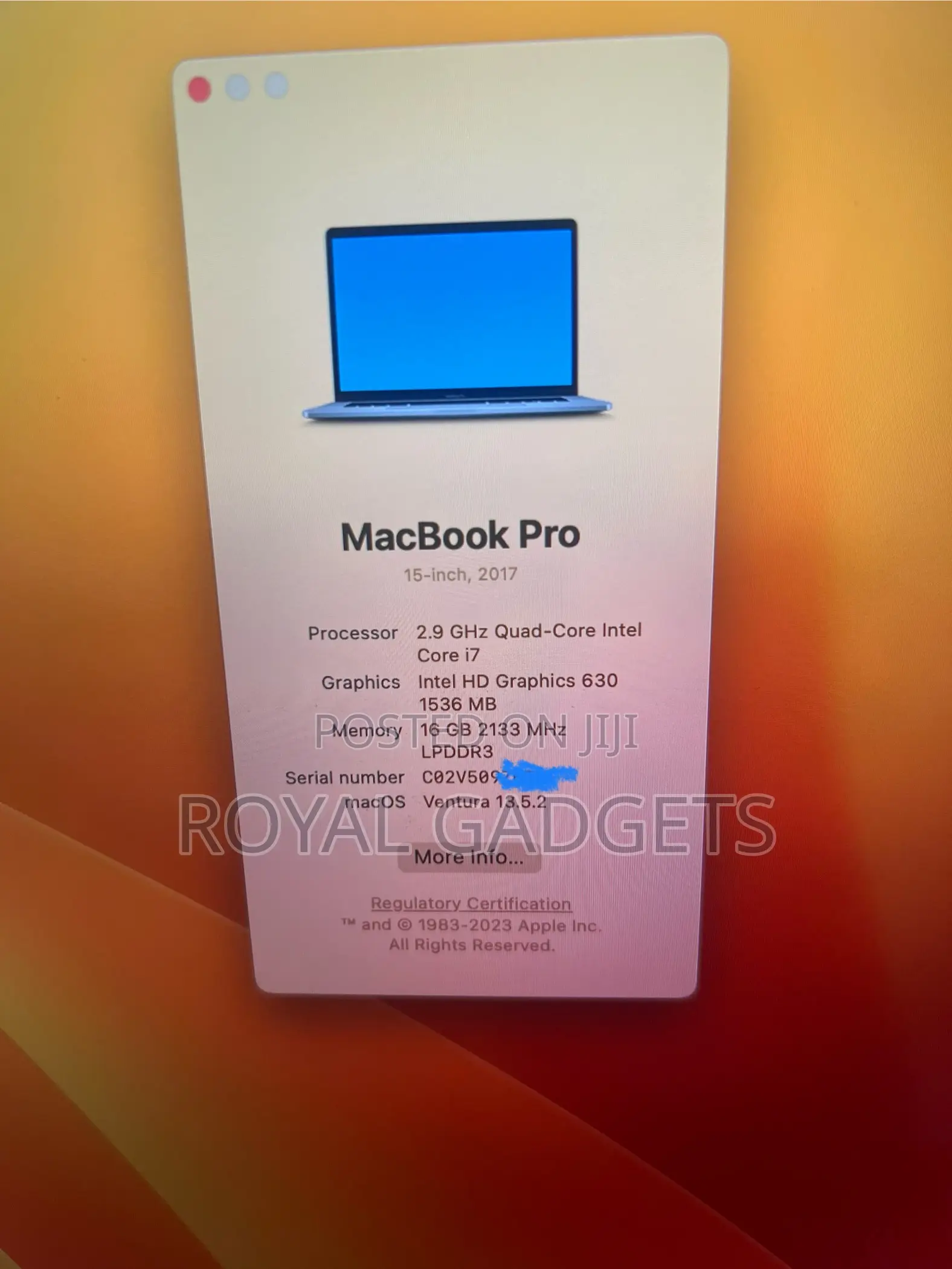 Laptop Apple MacBook Pro 2017 16GB Intel Core i7 SSD 512GB
