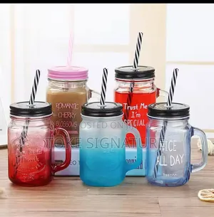 Glass Colourful Cup With Lid Cover and Straw