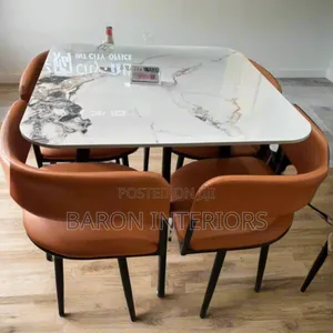 Modern Marble-Top Dining Table With Leather Chairs