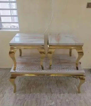 Gold Marble Top Center Table With 2 Side Stool