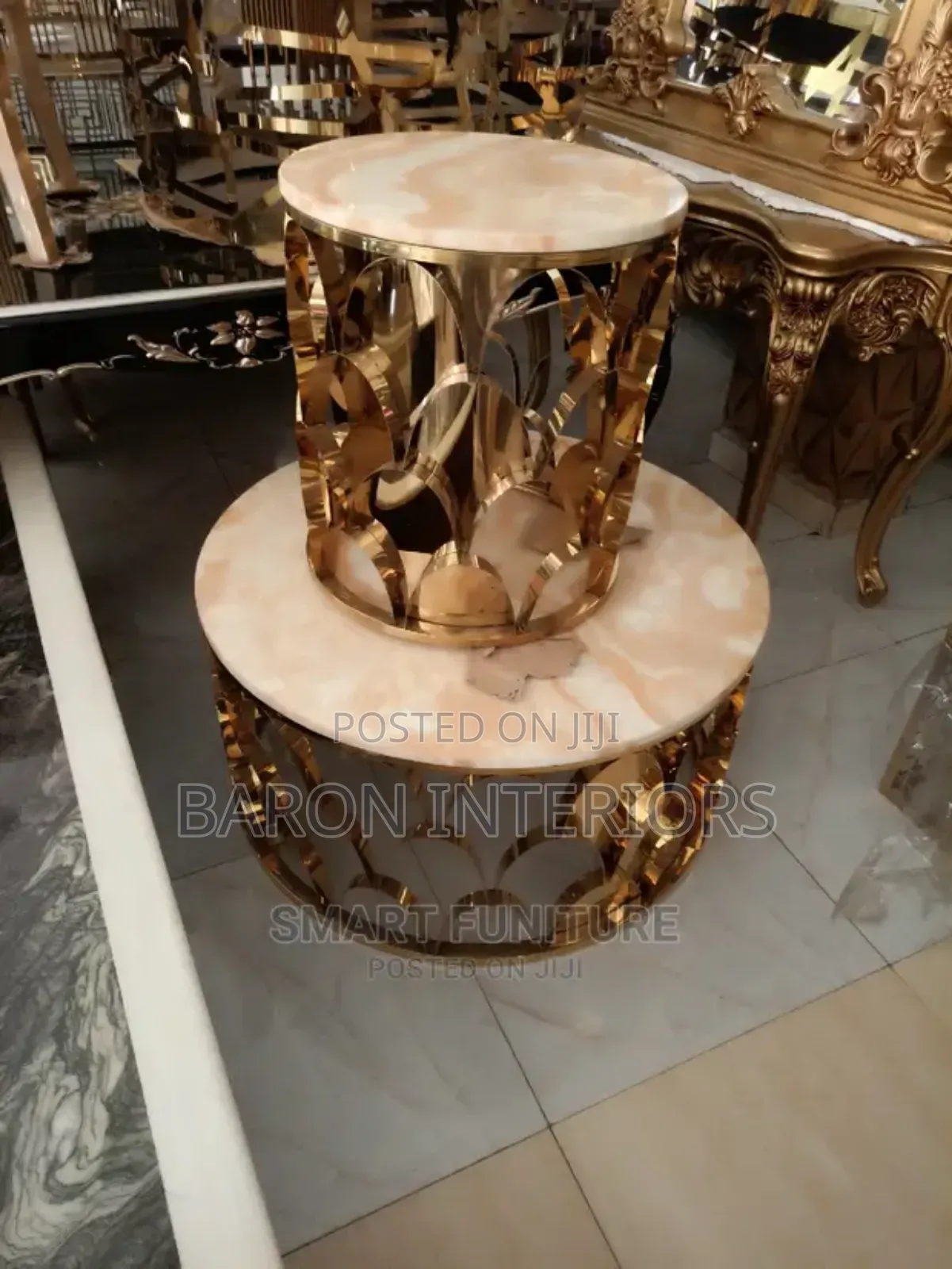 Marble Top Center Table With Gold Legs With 1 Side Stool