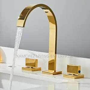 Gold 3-Hole Waterfall Washbasin Mixer – Brass, Modern Design