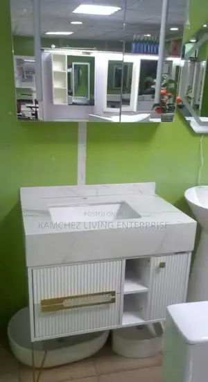 Executive White Marble Bathroom Vanity With Sink and Mirror