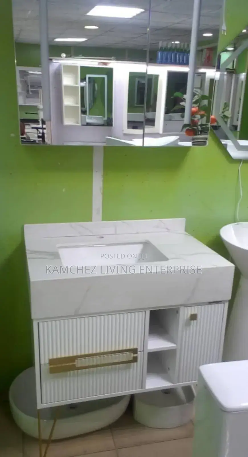 Executive White Marble Bathroom Vanity With Sink and Mirror
