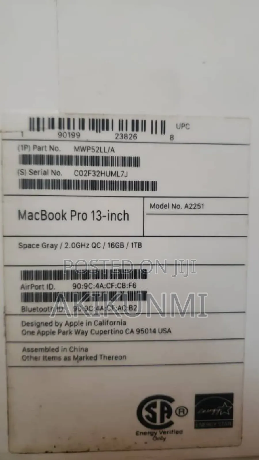 Laptop Apple MacBook Pro 2020 16GB Intel Core I5 SSD 1T