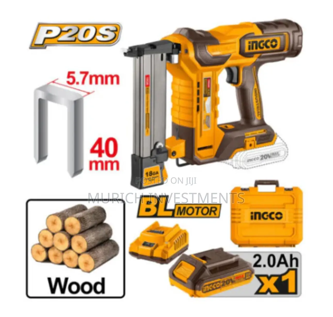 Ingco Cordless Crown Stapler Nailer 20v L
