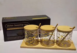 3pcs Condiment Jars Set With Bamboo Lid,Spoon Rack