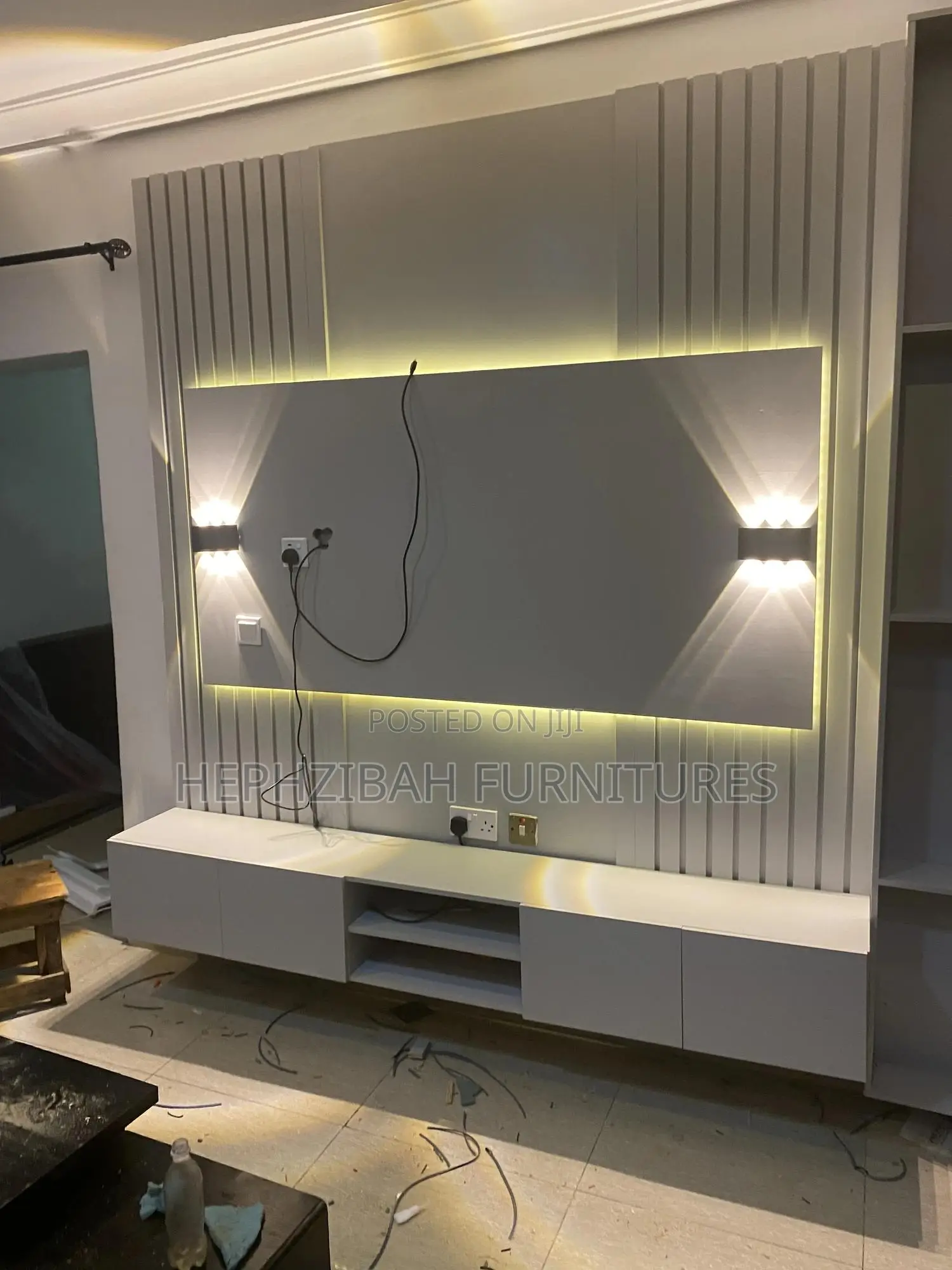 Grey Wall Tv Console With Led Lights