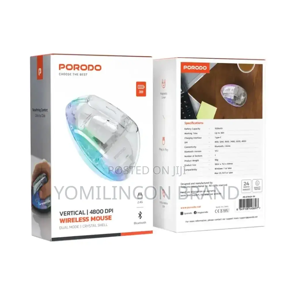 Porodo Vertical 4800 Dpi Wireless Mouse - Transparent