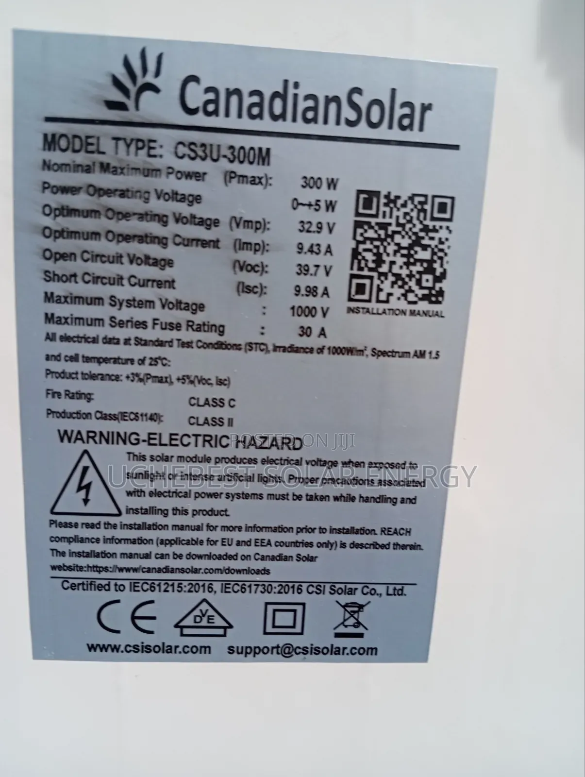 300w/32v/60cell Canadian Mono Panel