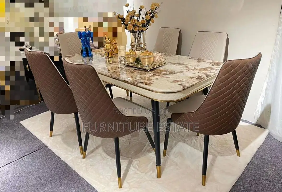 6 Seater Pin Leg Marble Dining Set