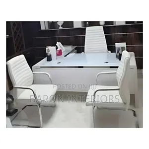 1.6mtr White Glass Office Desk + Leather Chairs