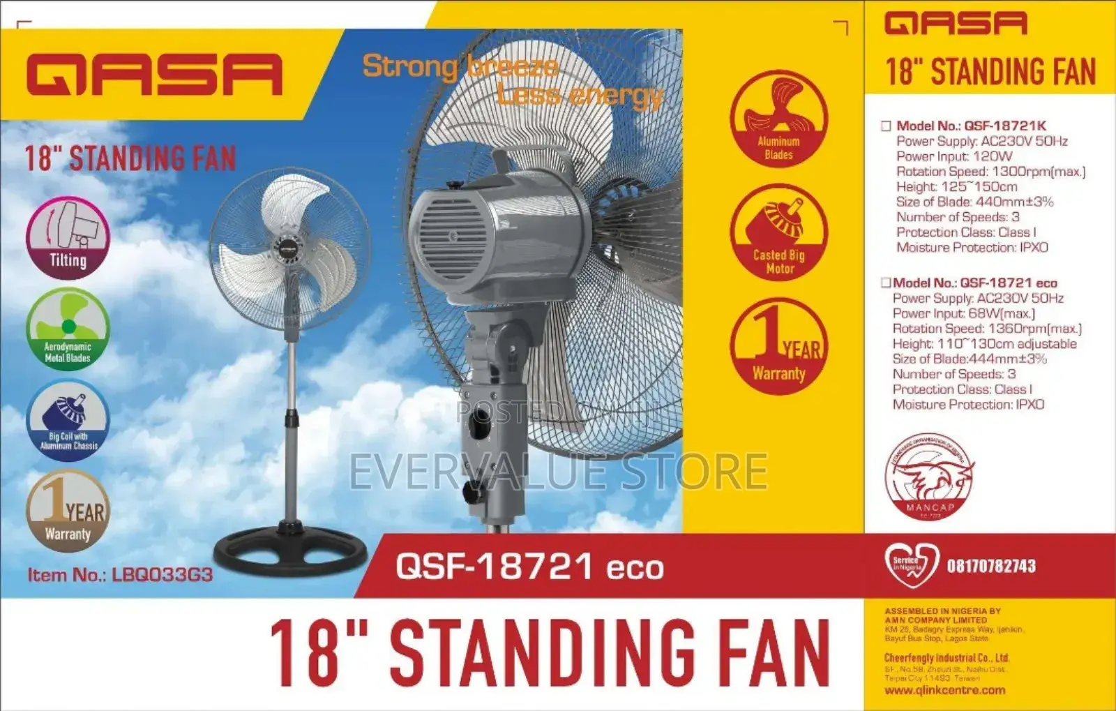 Qasa 18 Inches Standing Fan