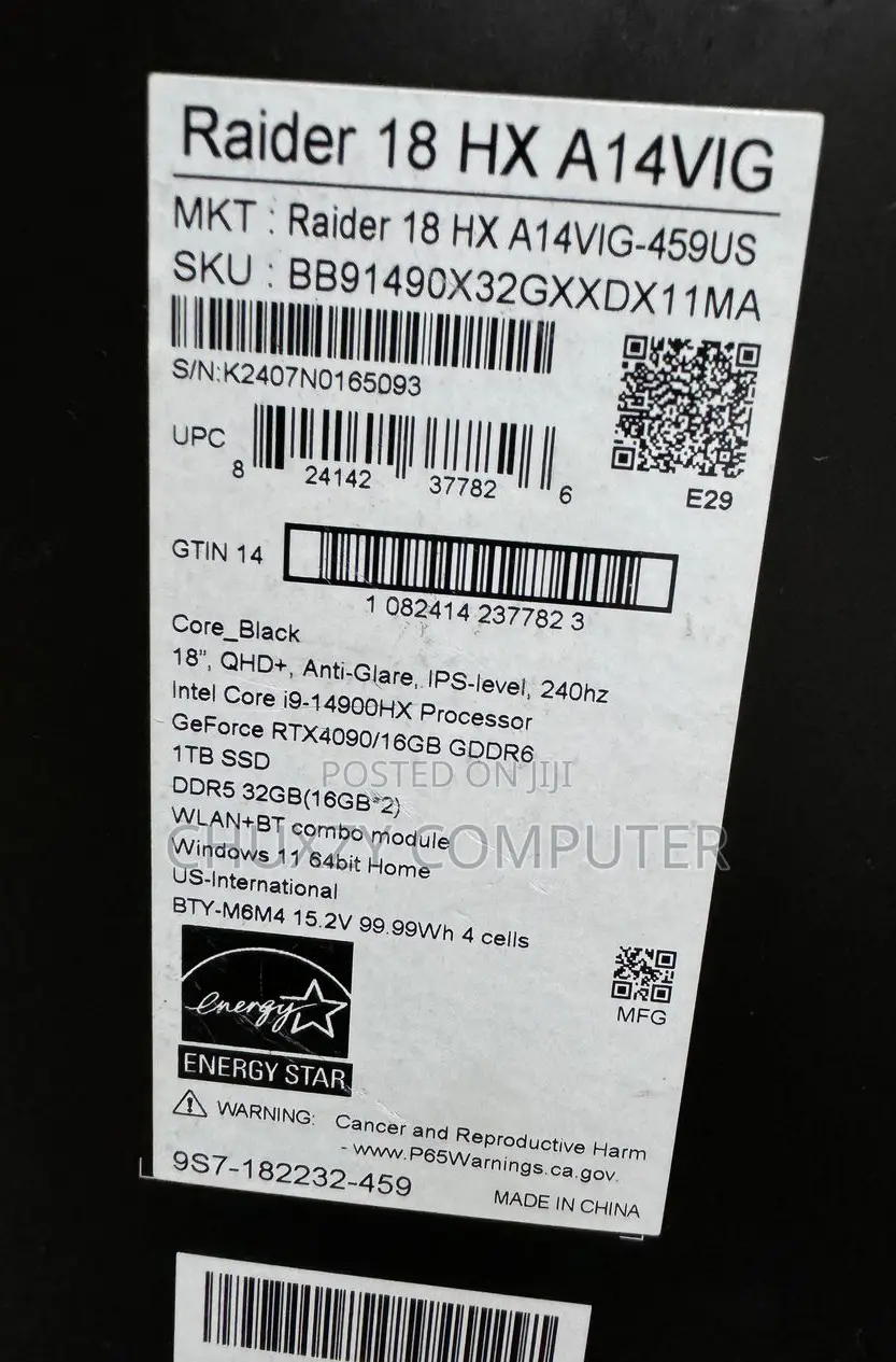 New Laptop MSI 32GB Intel Core I9 SSD 1T