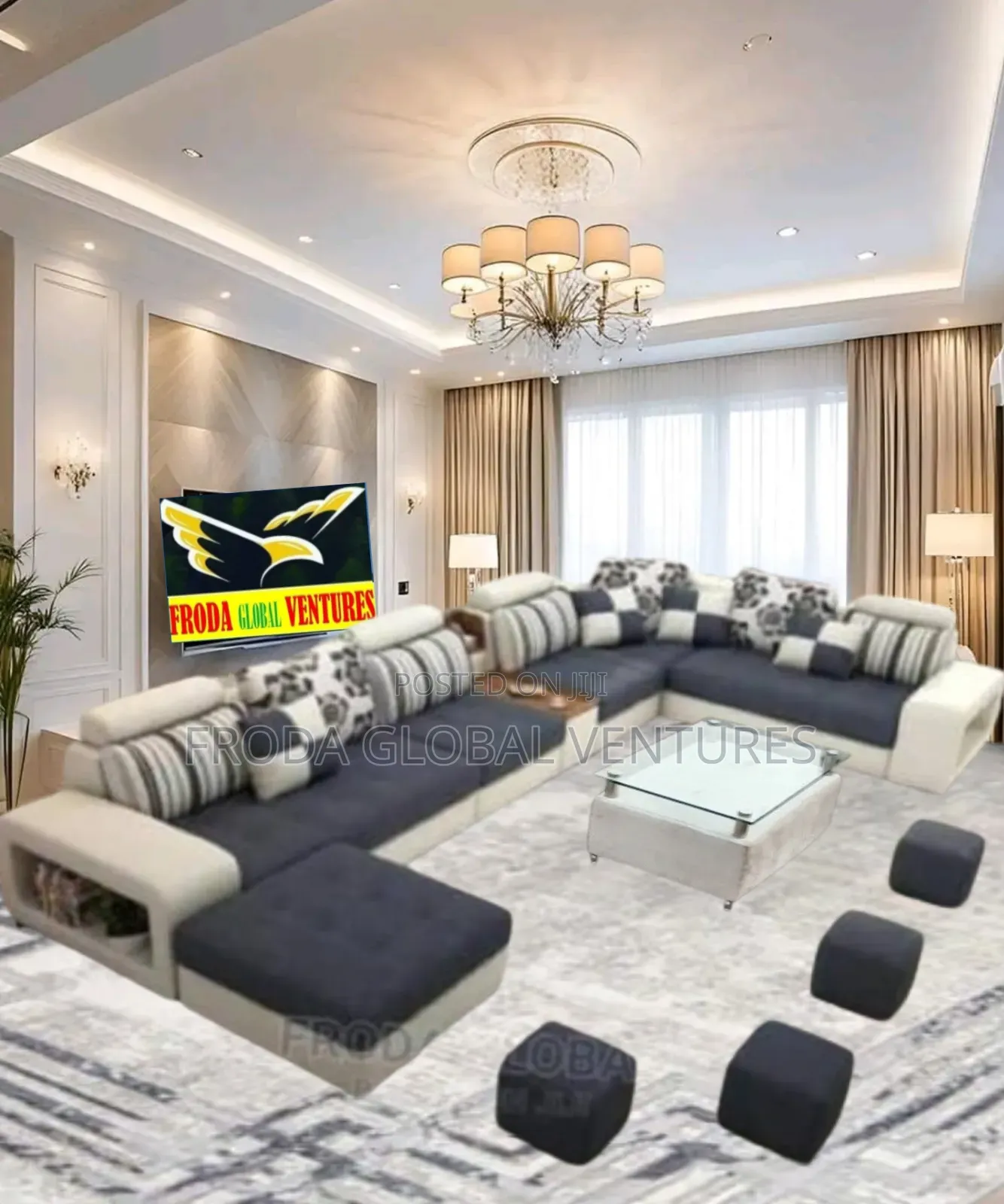 Classic Couches. U-Shape Sofa Chairs, Table, Side Stools