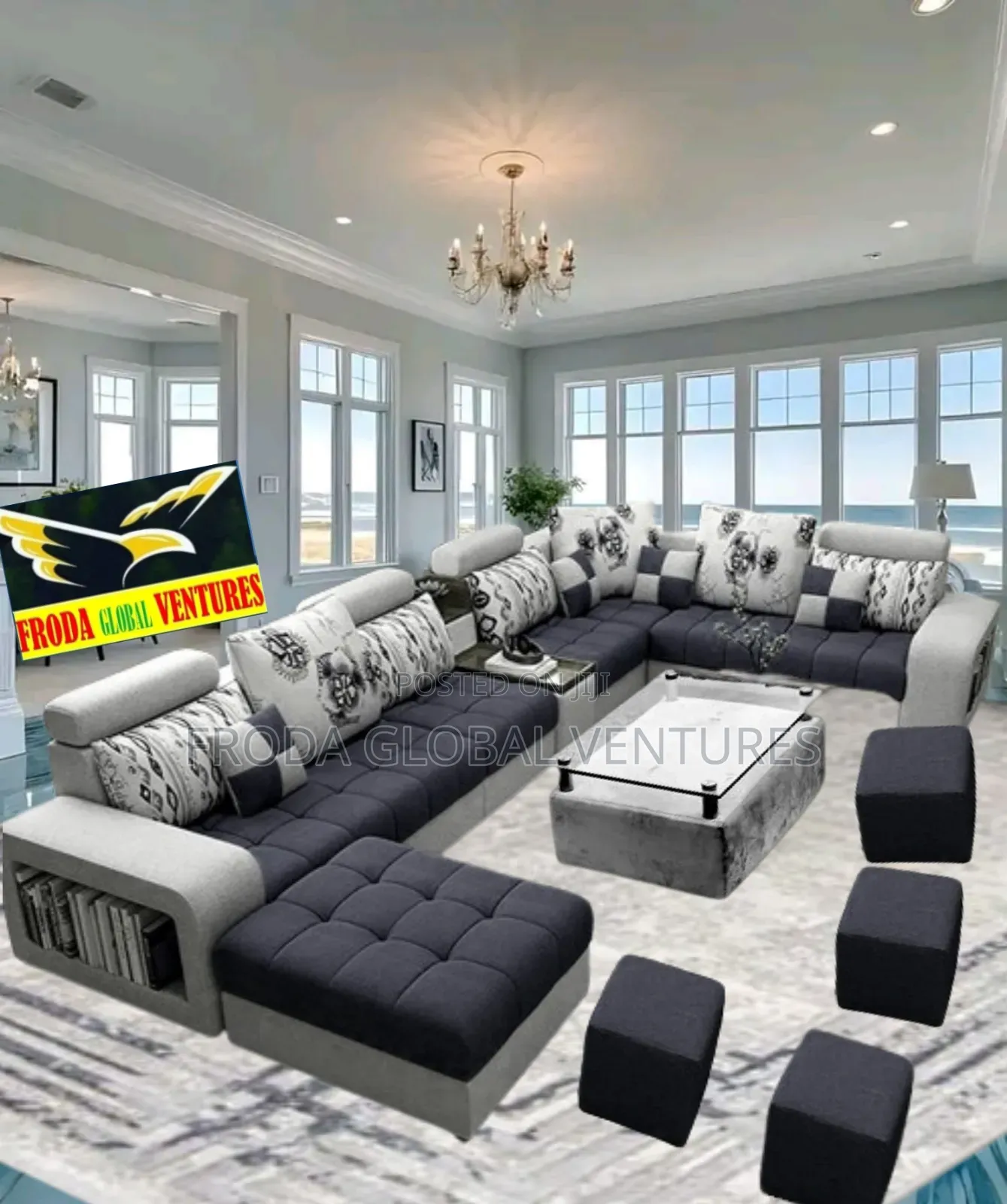 Quality Couches. U-Shape Sofa Chairs With Table, Stools. 01