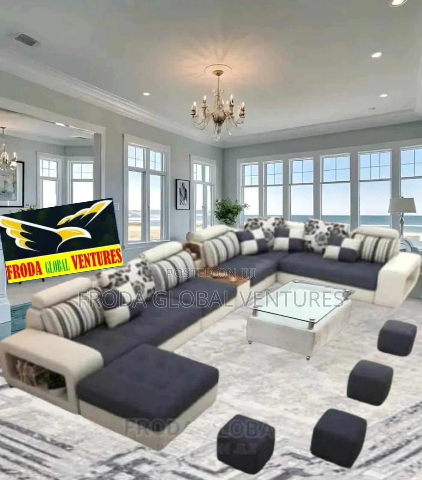 Quality Fabric Couch. U-Shape Sofa Chairs, Table and Stools