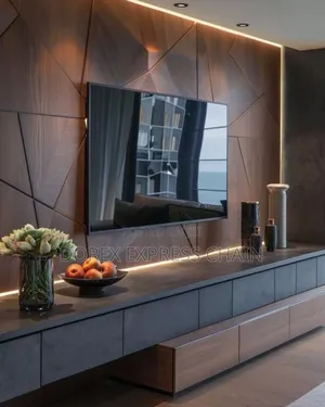 Geometric Wood Panel Tv Console With Ambient Led