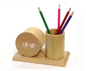 Wooden Digital Clock With Pen Holder
