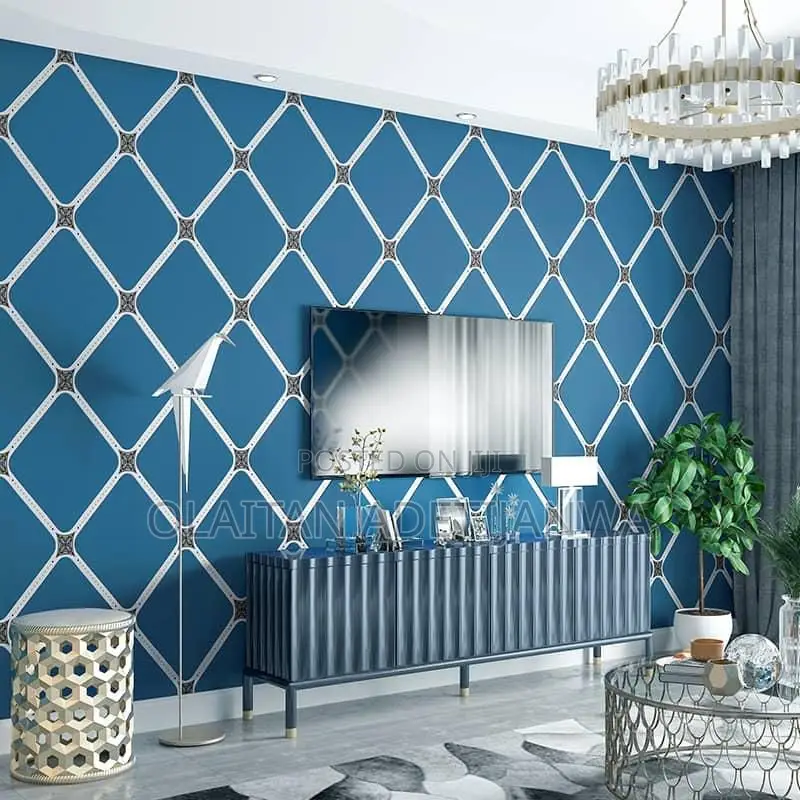 Flock Blue Geometrical Textured Wallpaper