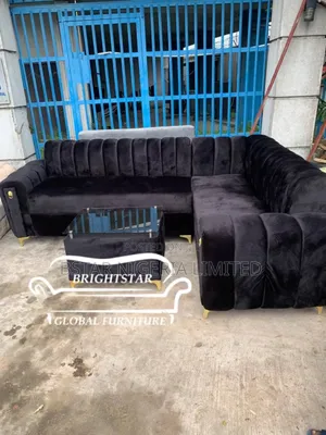 Luxury Black Velvet L-Shaped Sectional Sofa With Gold Accen