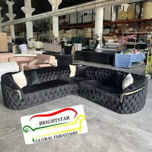 Grand Curved Velvet Chesterfield Sectional With Gold Accent