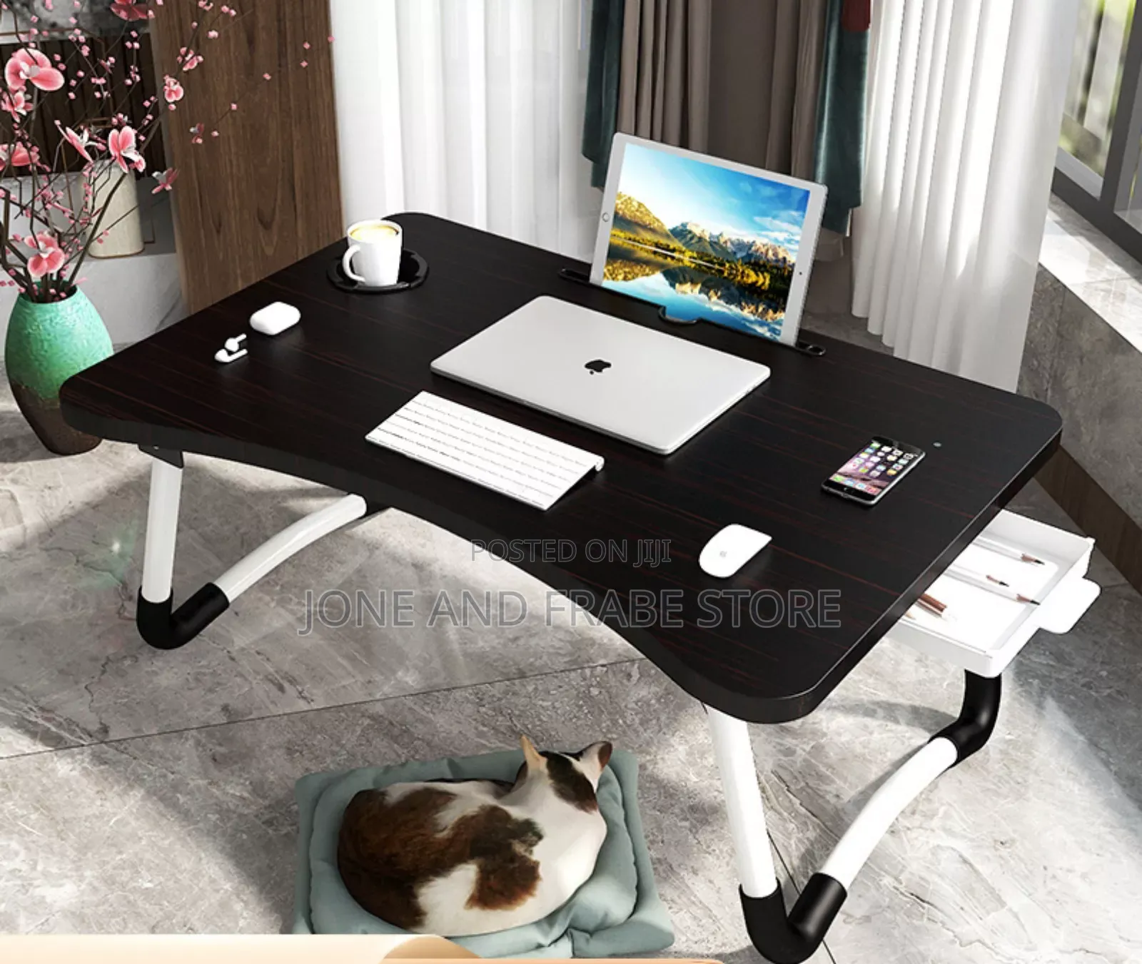 Multipurpose Foldable Laptop Bedside Table With Side Drawer