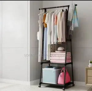 Removable Metal Coat Hanger With Wheel Storage Shelf