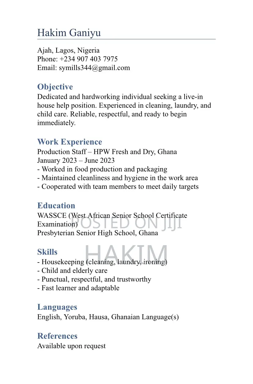 Housekeeping Cleaning CV