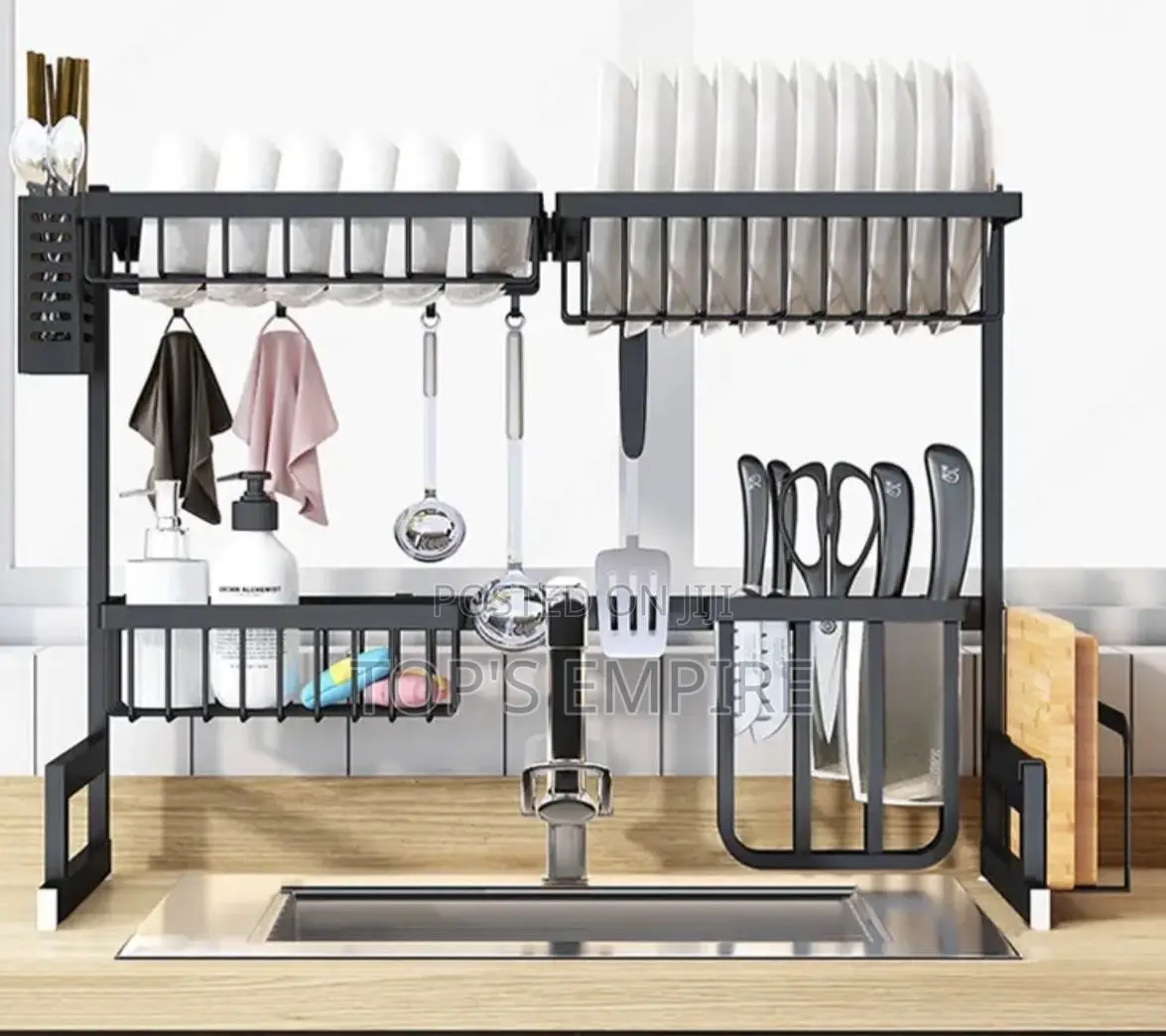 Adjustable Over-the-Sink Kitchen Dish Drying Rack With Utensil Holder