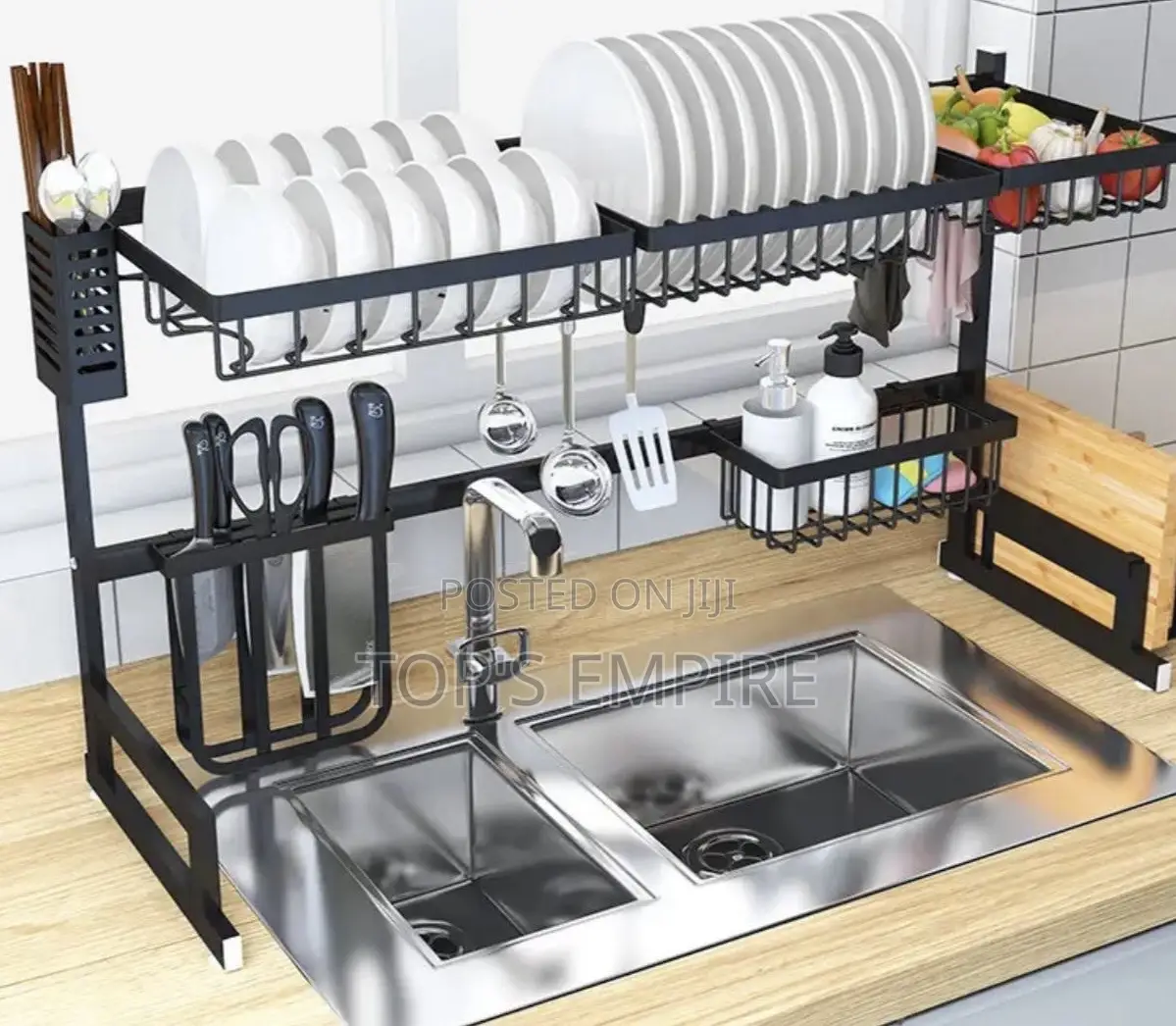 Adjustable Over-the-Sink Kitchen Dish Drying Rack With Utensil Holder