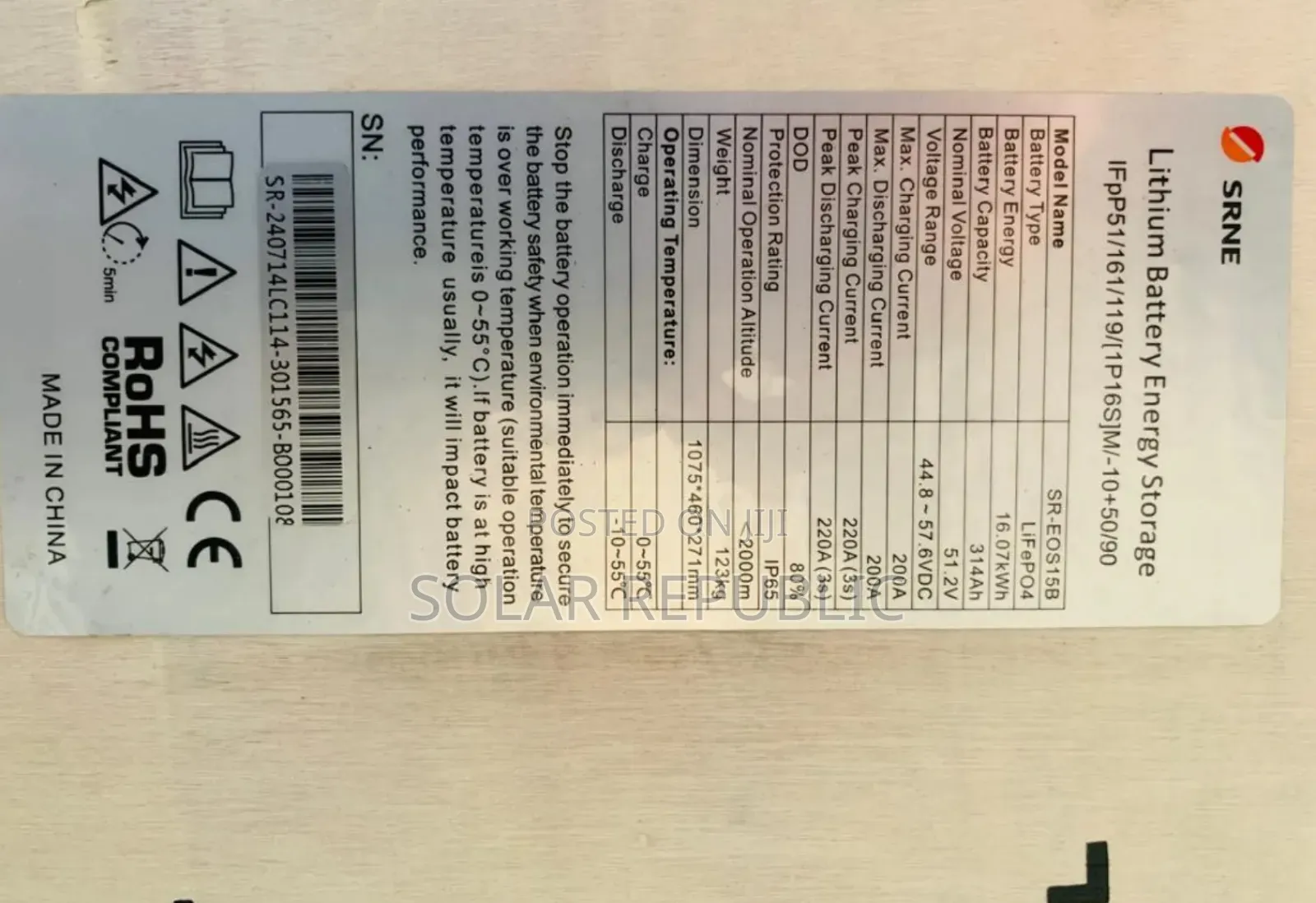 Srne Lithium Battery 16kwh 51.2v