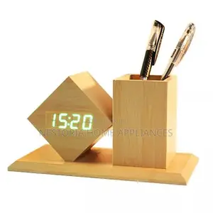 Photo - Wooden Digital Led Alarm Clock With Pen Holder