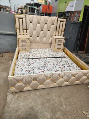 6by6 Cream Coloured Padded Bed Stand With Side Drawers.