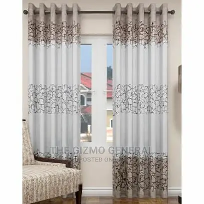 Geometric Bordered Eyelet Curtain - Cream Brown